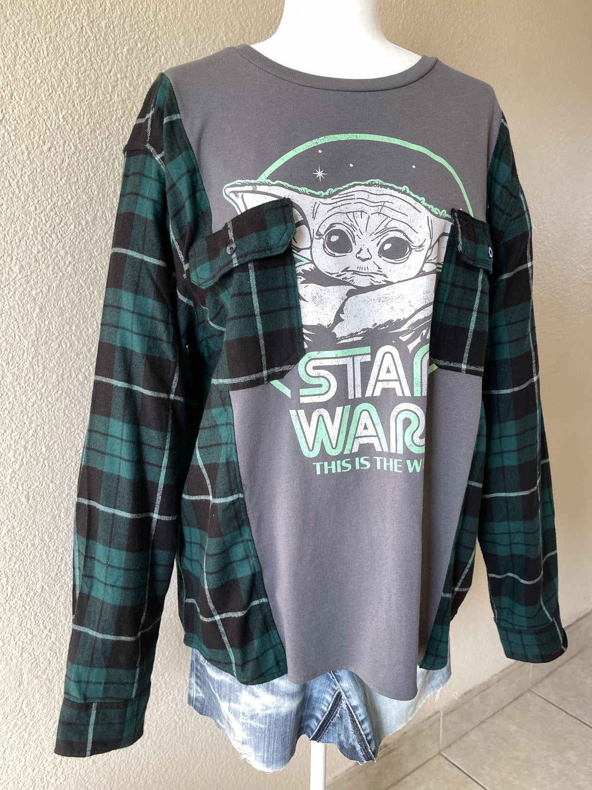 Upcycled Baby Yoda Flannel Shirt